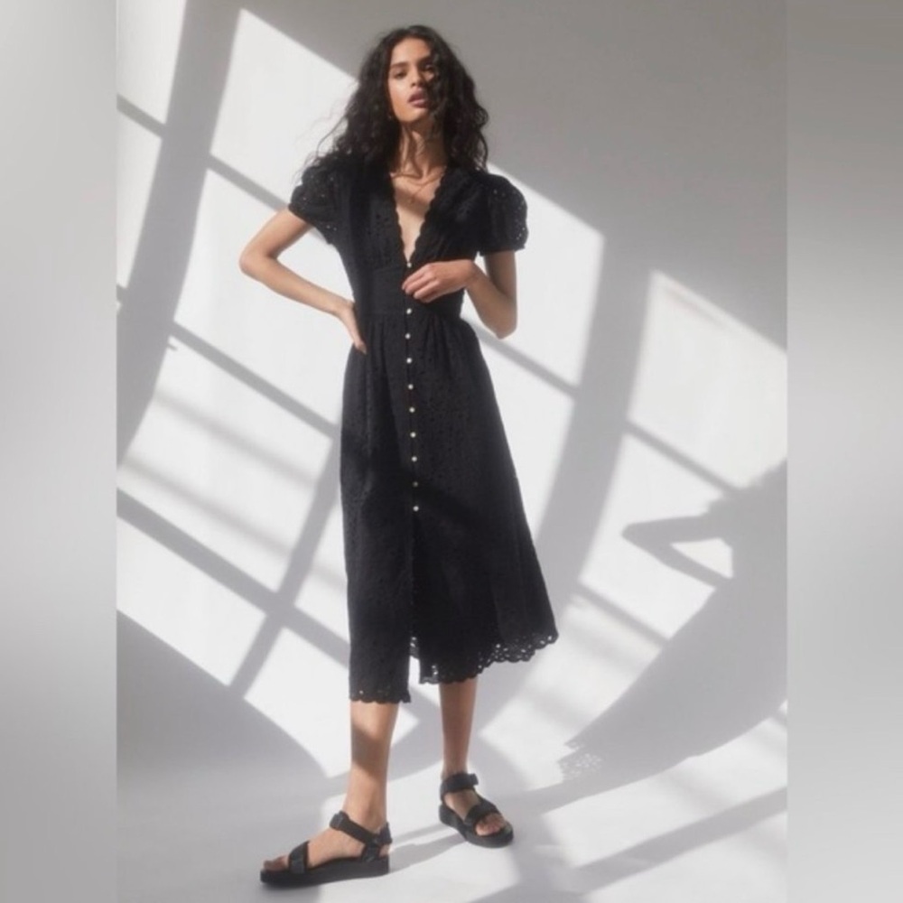 Atitzia Wilfred Jubilee Black Puff Sleeve Eyelet Button Down Midi Dress (Size 4)